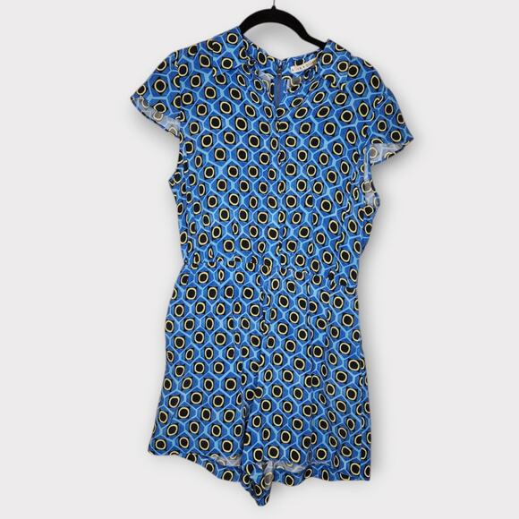 Alice + Olivia Womens Lanna Romper M Blue Yellow Geometric Print Mod Revival - Picture 2 of 10